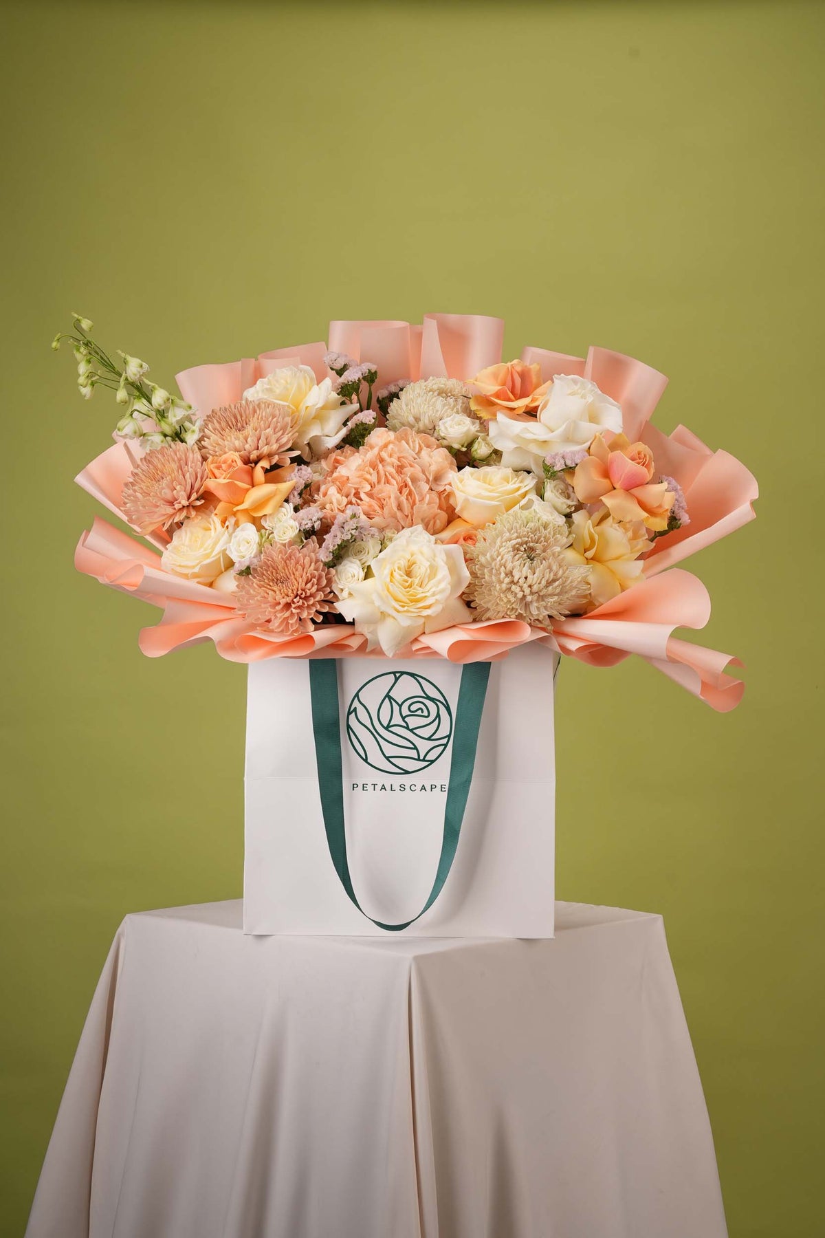 Blush Gardenia – Peach Rose & Hydrangea Gift Bag Bouquet