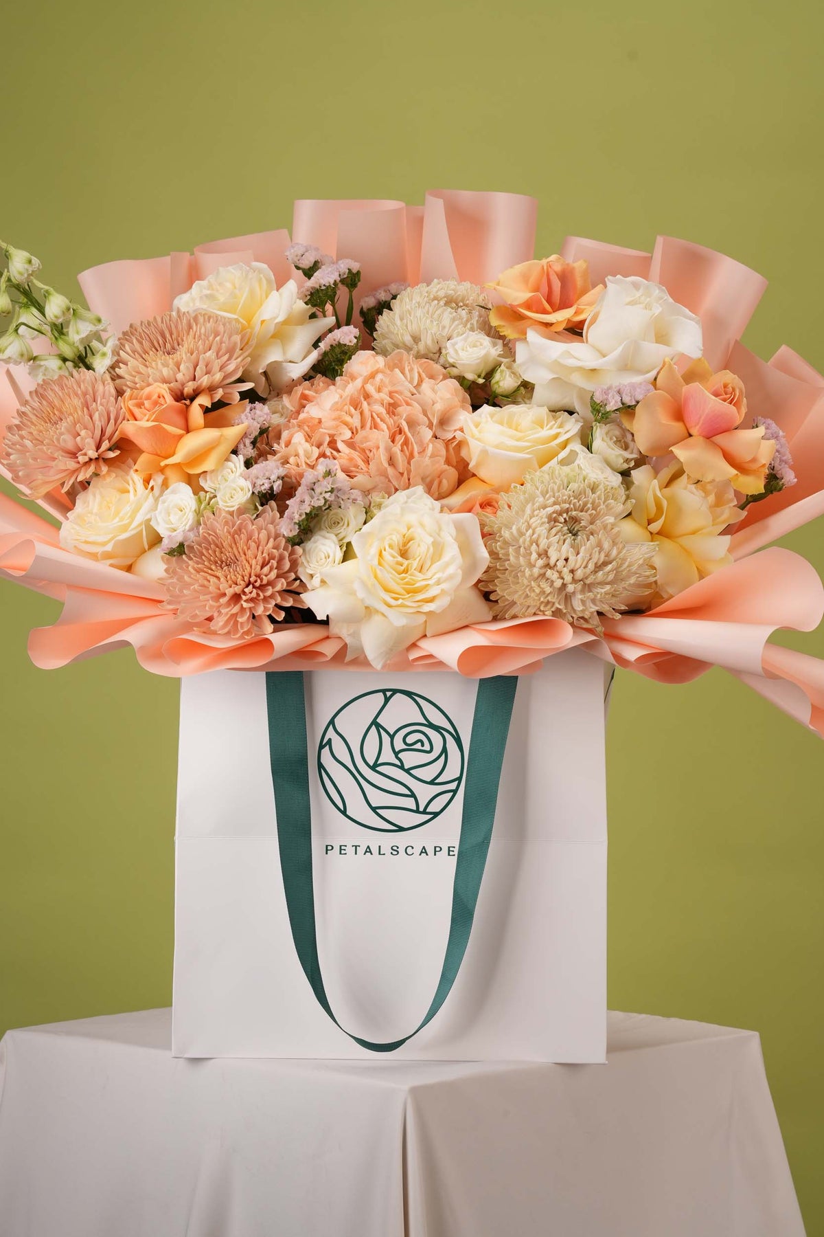 Blush Gardenia – Peach Rose & Hydrangea Gift Bag Bouquet