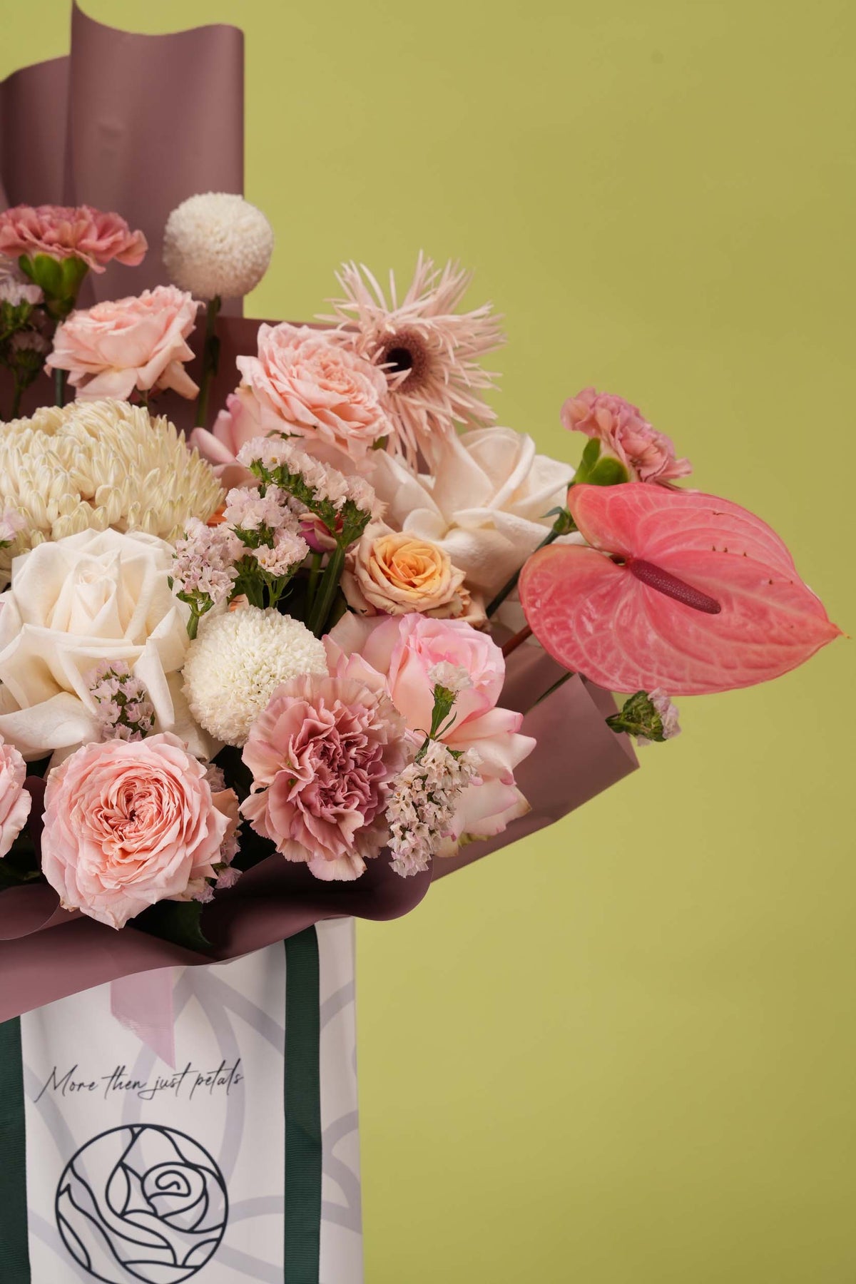Blush Bloom – Dusky Rose & Coral Anthurium Gift Bag Bouquet