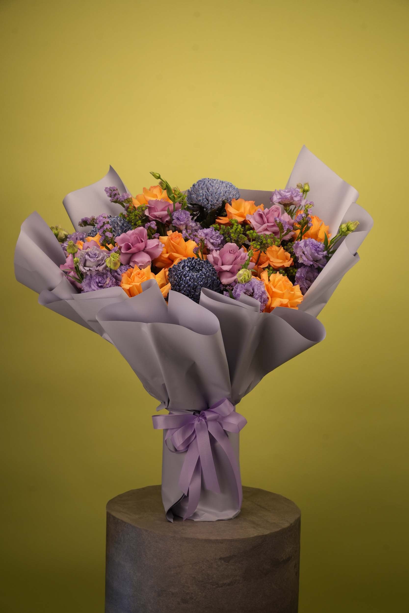 Twilight Bloom – Orange Rose & Lavender Lisianthus Floral Bouquet