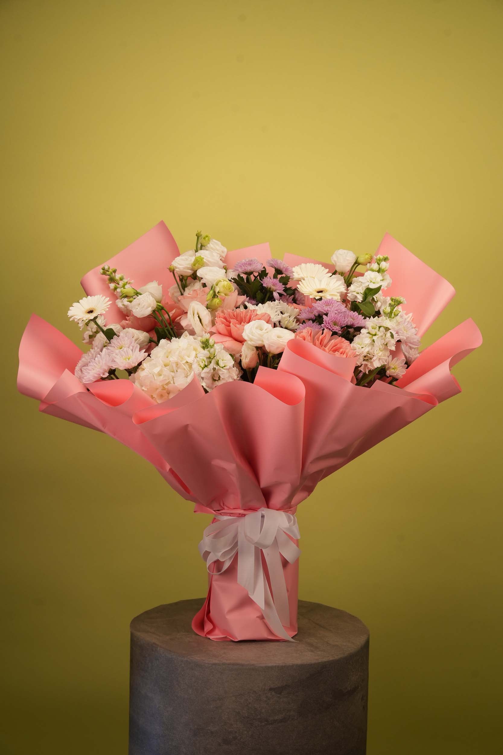 Blush Gardenia – Coral Carnation & White Gerbera Floral Bouquet