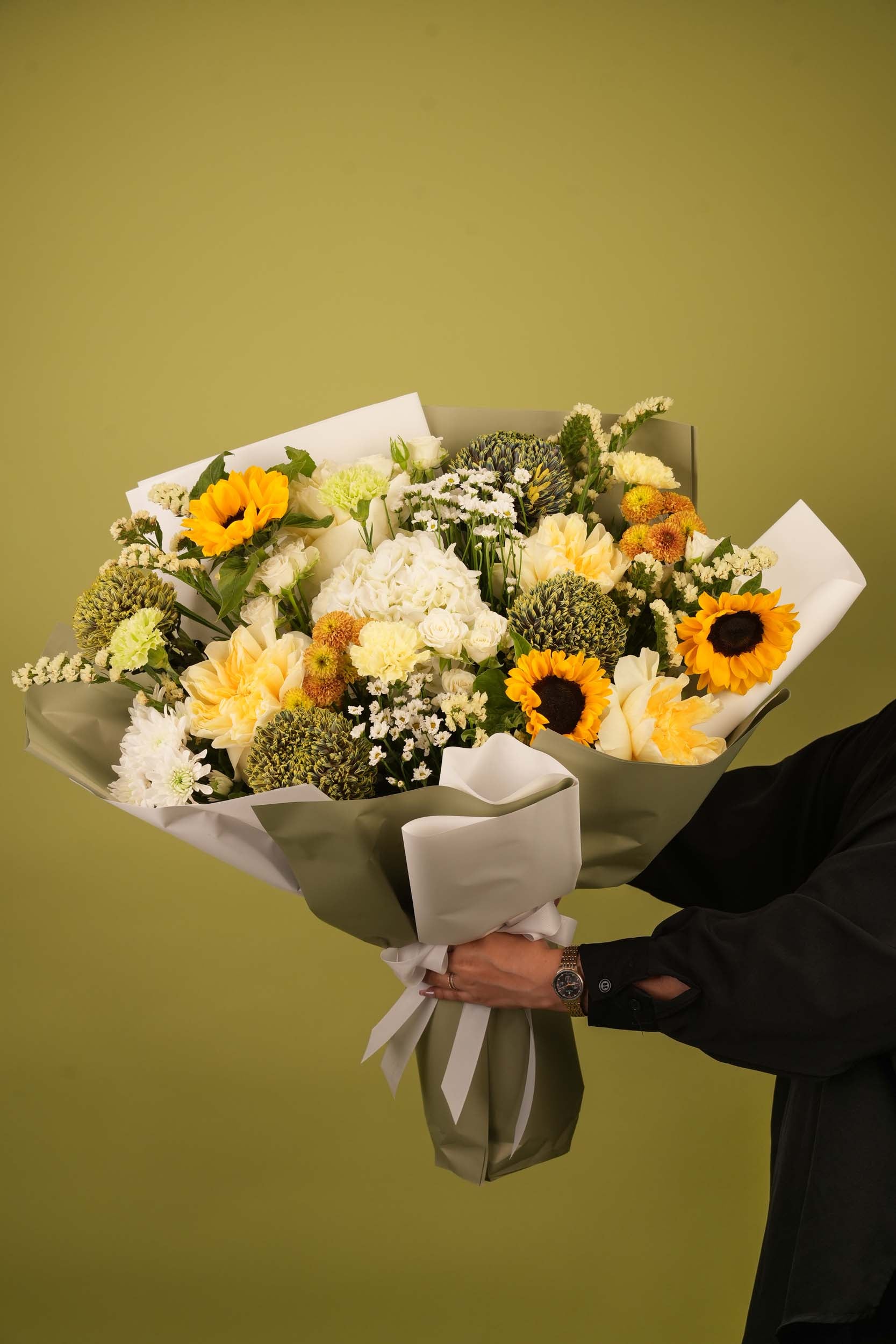 Golden Rays – Sunflower & White Chrysanthemum Floral Bouquet