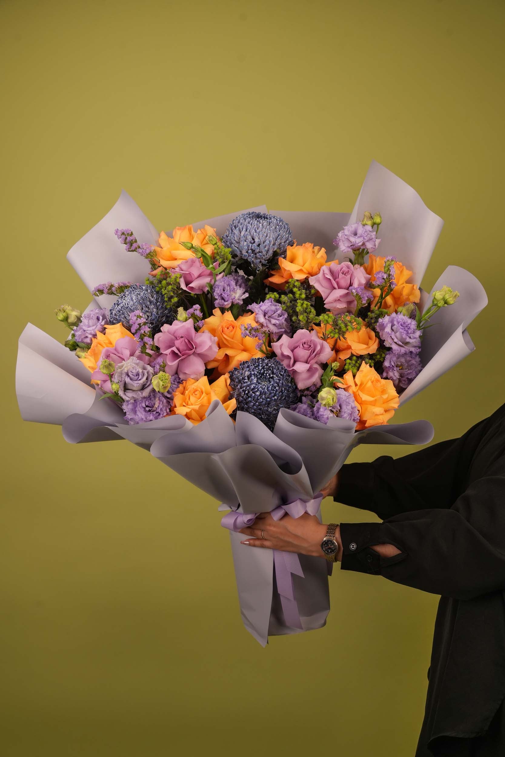 Twilight Bloom – Orange Rose & Lavender Lisianthus Floral Bouquet