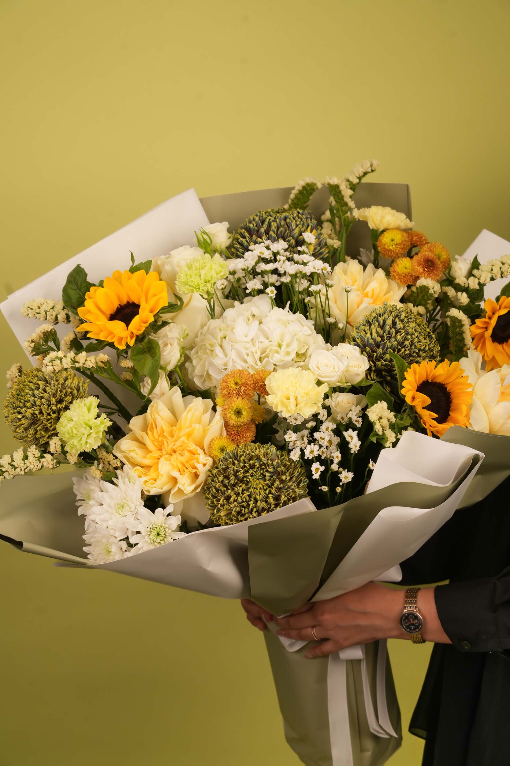 Golden Rays – Sunflower & White Chrysanthemum Floral Bouquet