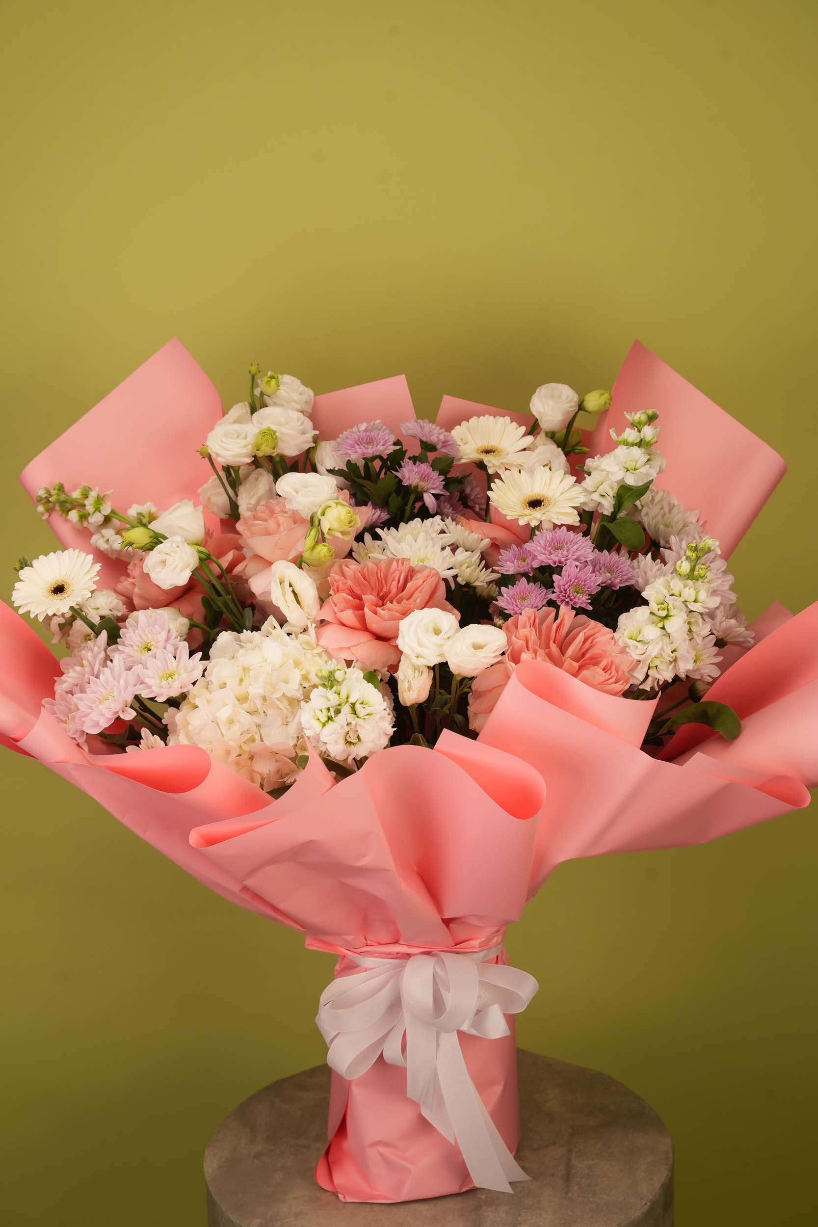 Blush Gardenia – Coral Carnation & White Gerbera Floral Bouquet