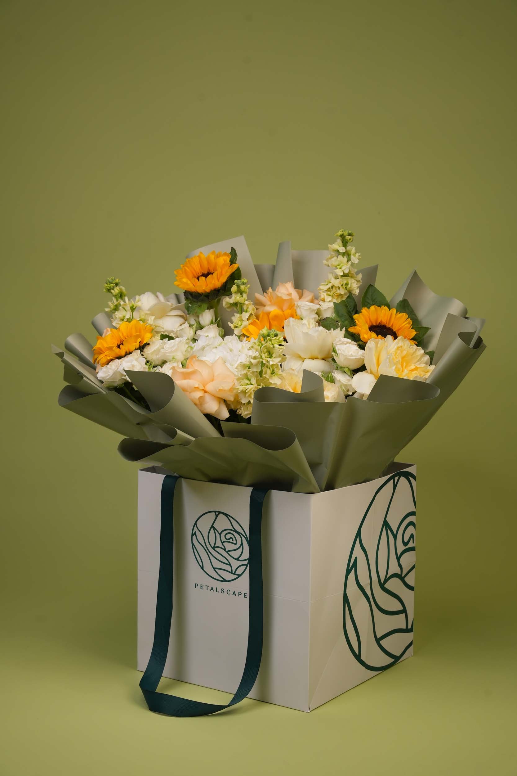 Solar radiance – Sunflower & White Rose Gift Bag Bouquet