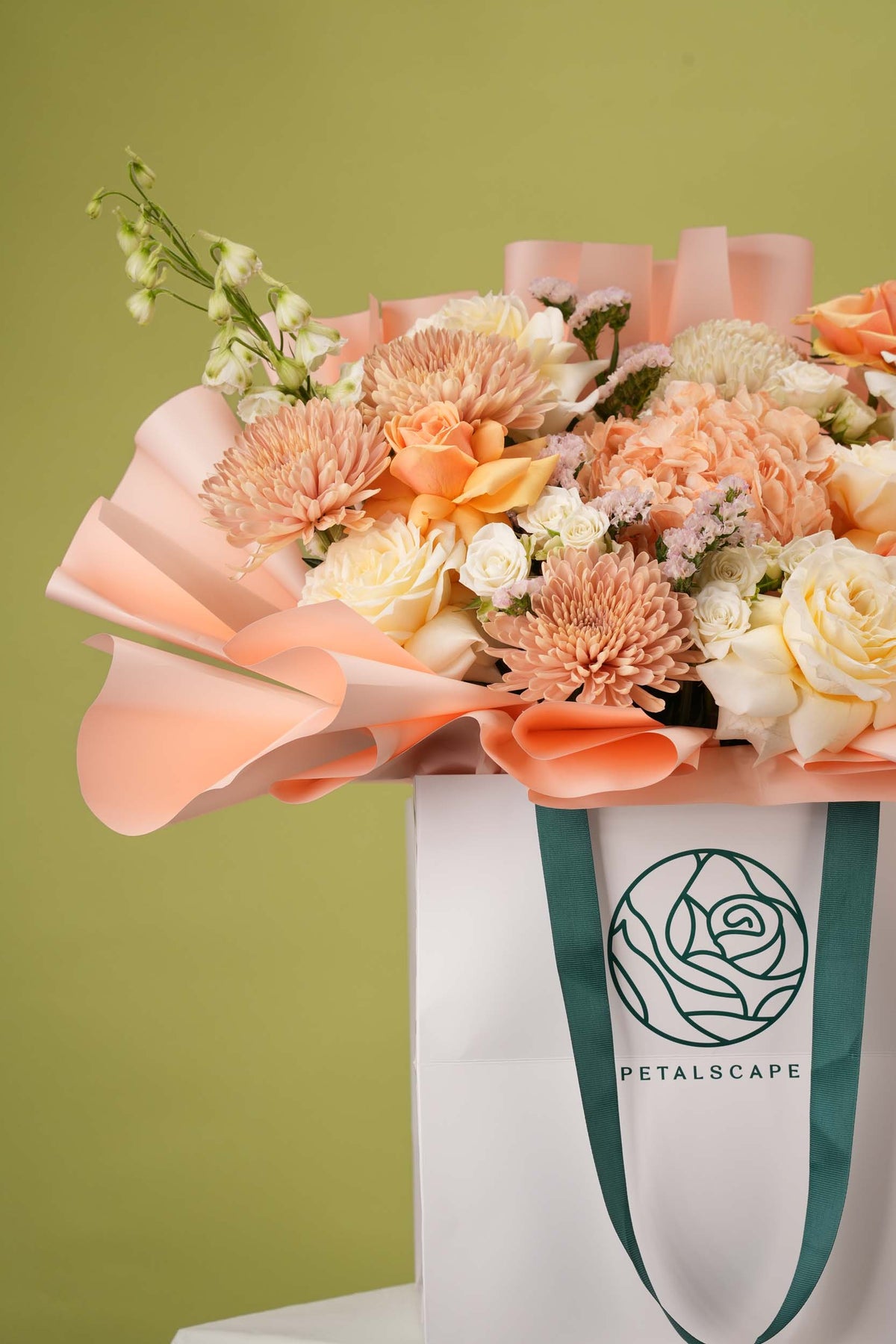 Blush Gardenia – Peach Rose & Hydrangea Gift Bag Bouquet