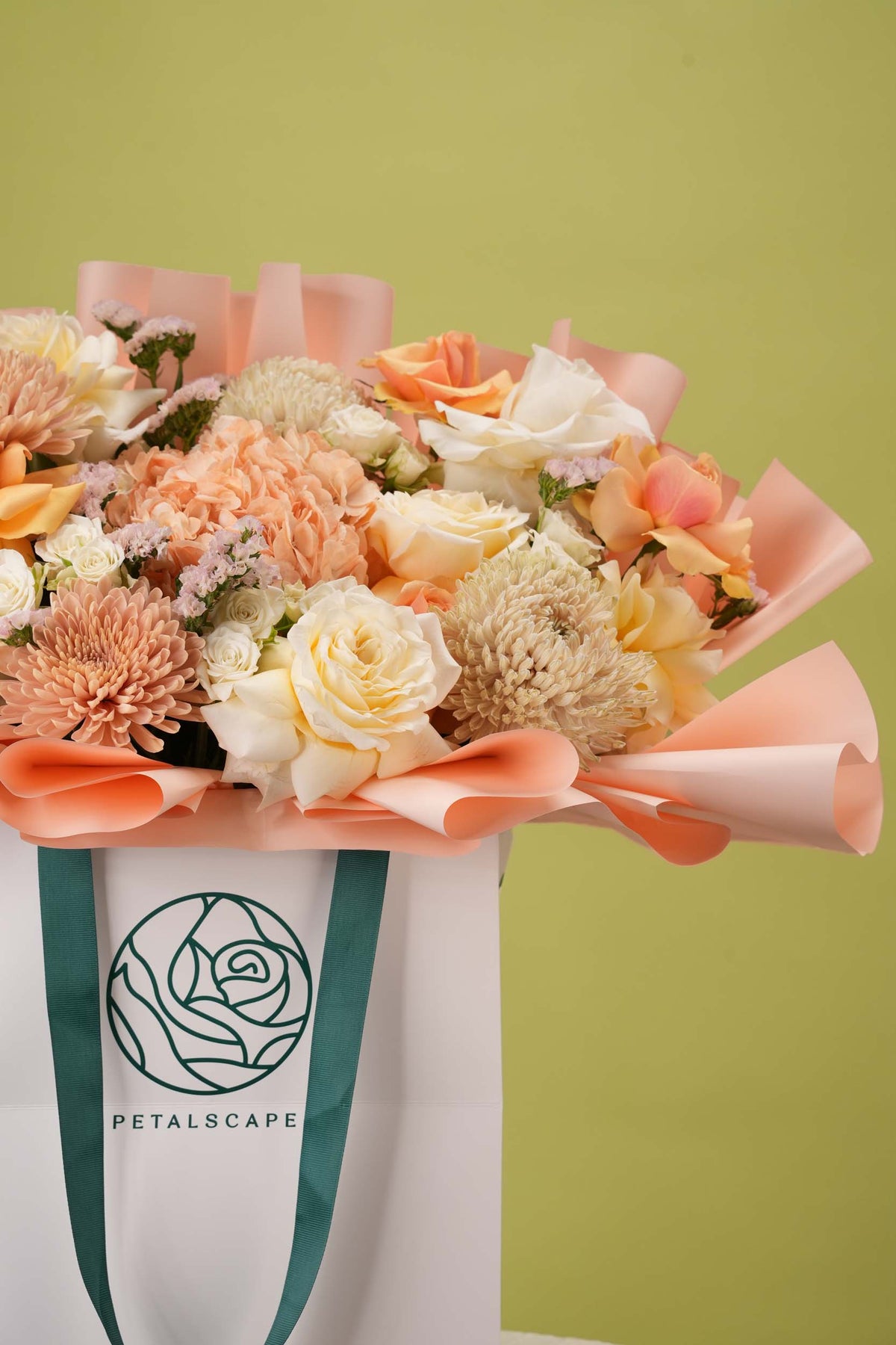 Blush Gardenia – Peach Rose & Hydrangea Gift Bag Bouquet