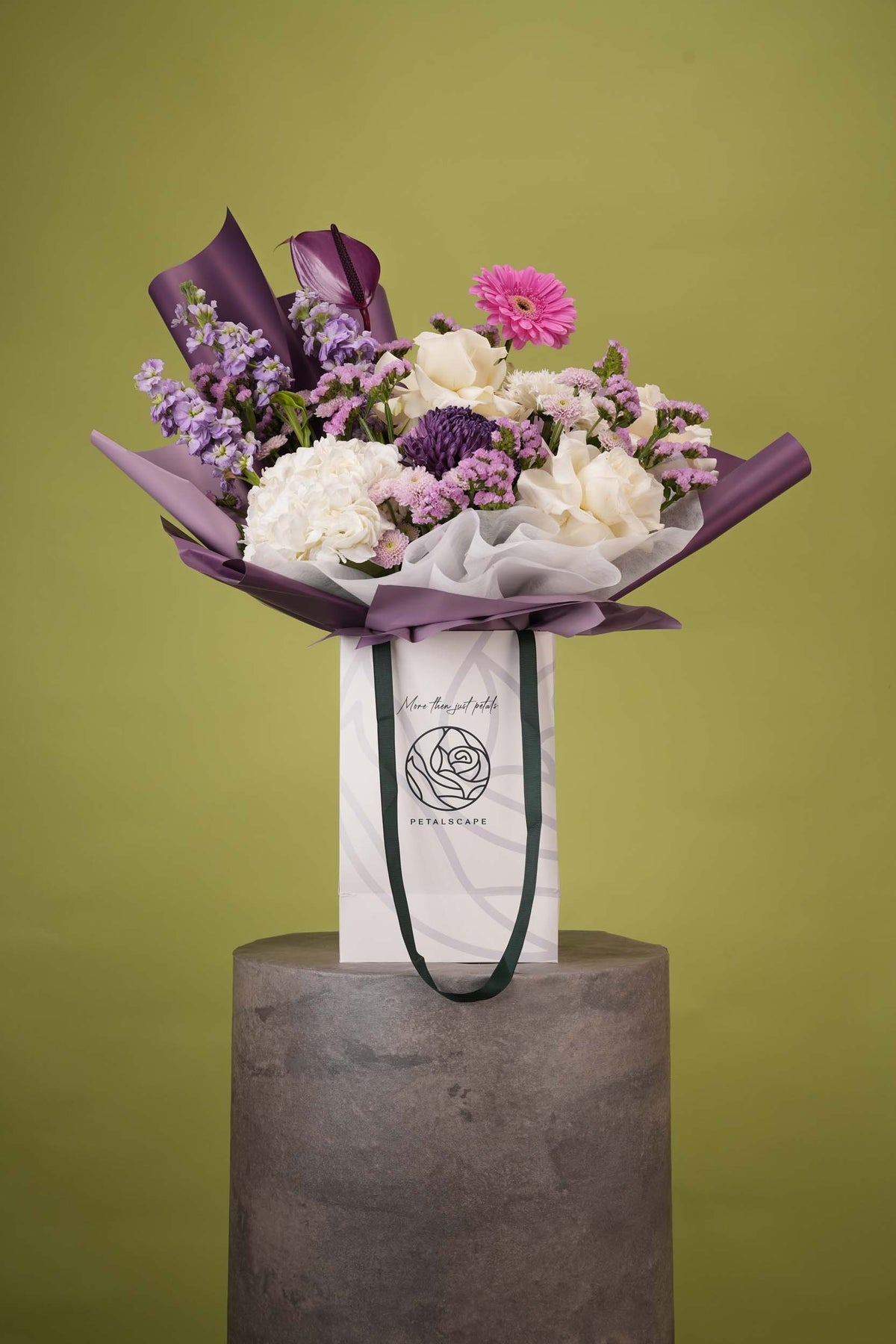 Royal Orchid – Plum & White Rose Gift Bag Bouquet