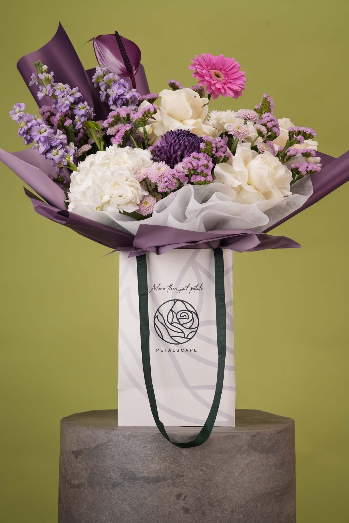 Royal Orchid – Plum & White Rose Gift Bag Bouquet