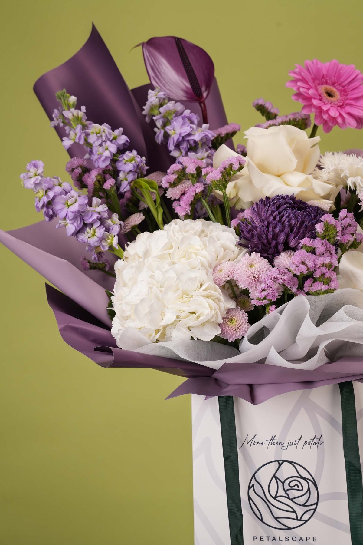 Royal Orchid – Plum & White Rose Gift Bag Bouquet