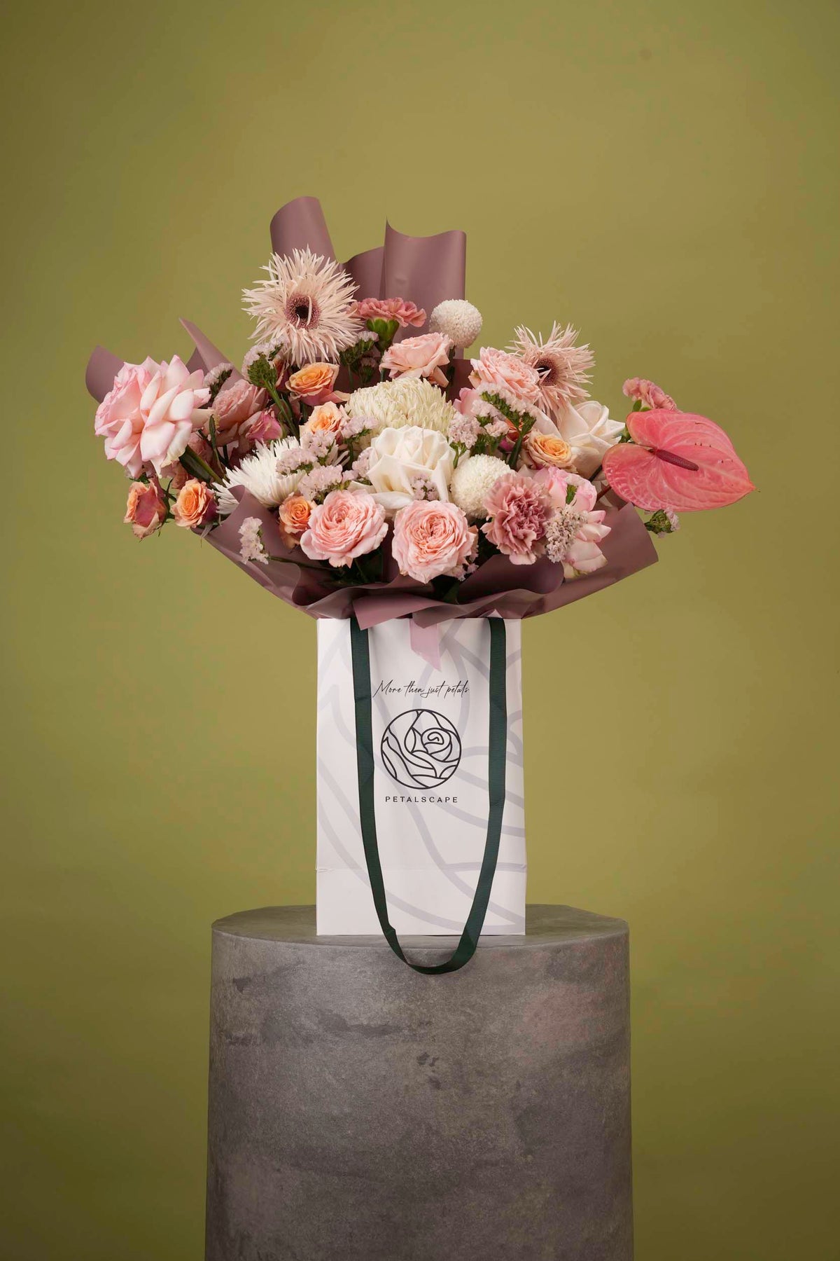Blush Bloom – Dusky Rose & Coral Anthurium Gift Bag Bouquet