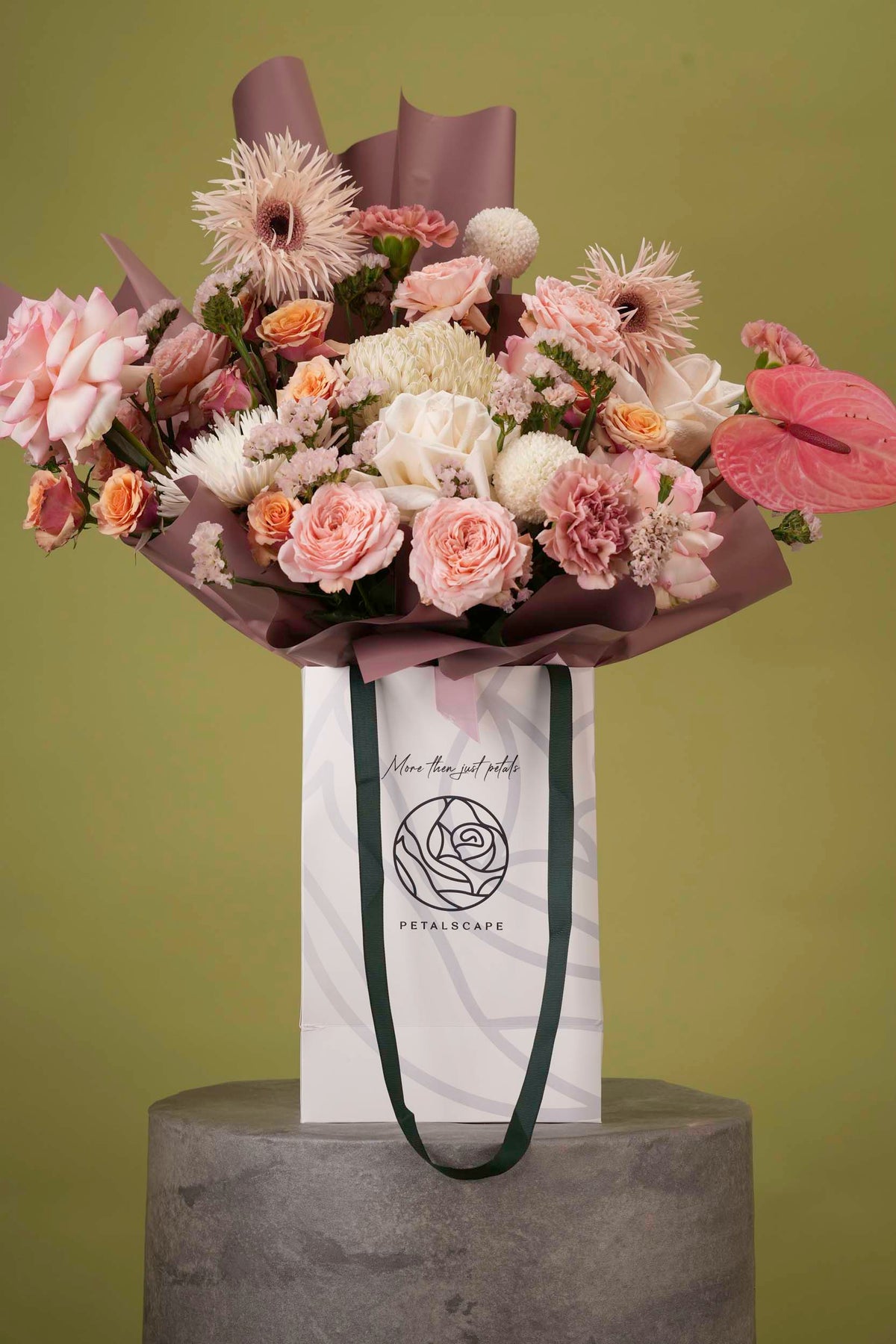 Blush Bloom – Dusky Rose & Coral Anthurium Gift Bag Bouquet